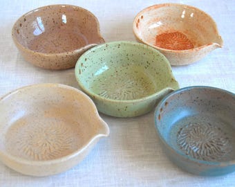 Rustic ceramic garlic grater plate with spout and herb stripper set