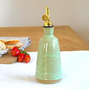Ceramic olive oil dispenser set for rustic kitchen lovers oil and vinegar set for daily cooking handmade ceramic kitchen gift in lime cream