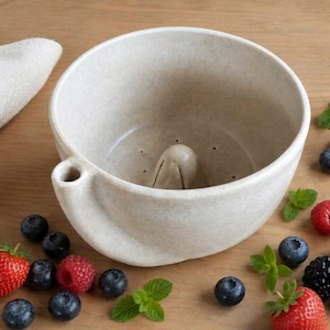 May include: A beige ceramic citrus juicer bowl with a speckled finish, featuring a central reamer cone and a small pouring spout on the side. The bowl is surrounded by scattered fresh blueberries, raspberries, and green mint leaves.