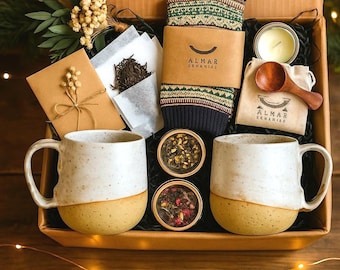Tea gift box with ceramic cup christmas gift for tea lover self care kit handmade tea cup and tea samples cozy gift tea kit holiday tea box