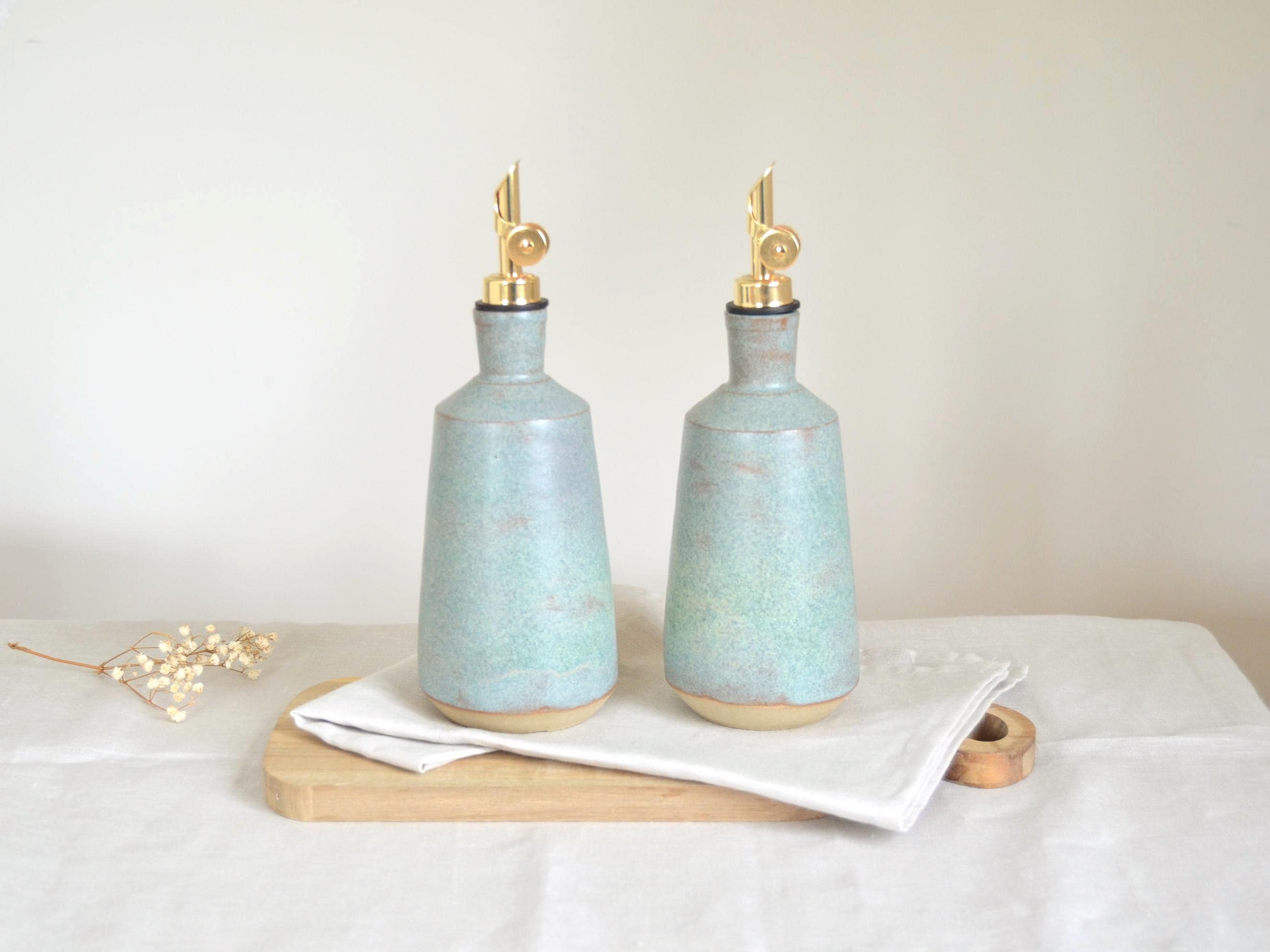 Ceramic oil bottle oil and vinegar bottles ceramic handmade pottery blue oil bottle set of 2 with pouring spout olive oil cruet 400 ml/13oz