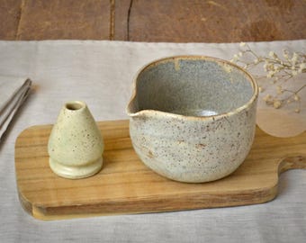 Ceramic Matcha Set, Speckled Stoneware Matcha Bowl, Matcha Cup, Whisk Holder, Tea Ceremony Kit, Chawan Tea Bowl, Tea Lover Gift, Tall Bowl