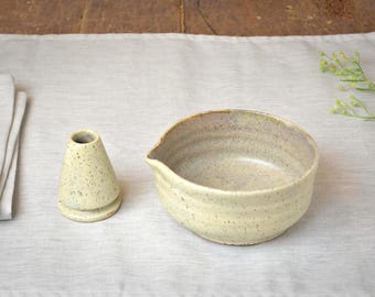 Speckled Stoneware Matcha Tea Set, Bowl with Spout, Whisk Holder, Bamboo Whisk, Tea Cup, Gift for Matcha Lovers, 12 oz / 350 ml Small Bowl
