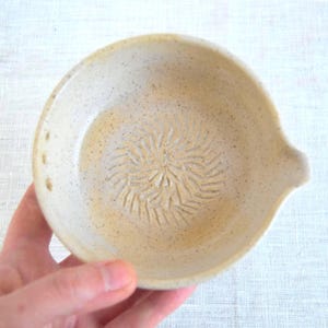 Ceramic garlic grater with spout and herb stripper speckled white grating bowl handmade prep dish for garlic ginger and salad dressing