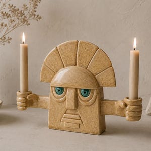 May include: A beige ceramic candle holder shaped like a face with teal eyes, holding two lit candles. The candle holder has a sun-like design on top. A vase with dried flowers and a bowl are in the background.