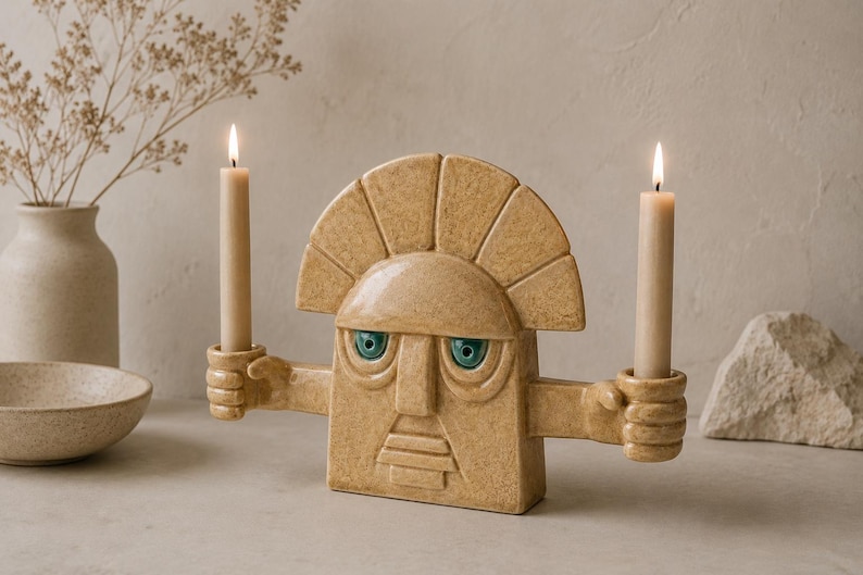 May include: A beige ceramic candle holder shaped like a face with teal eyes, holding two lit candles. The candle holder has a sun-like design on top. A vase with dried flowers and a bowl are in the background.