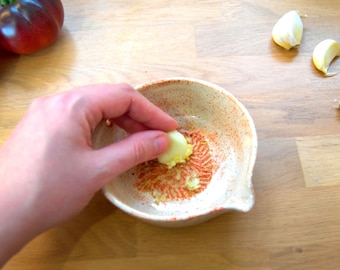 Handmade Ceramic Garlic Grater Bowl with Spout & Herb Stripper