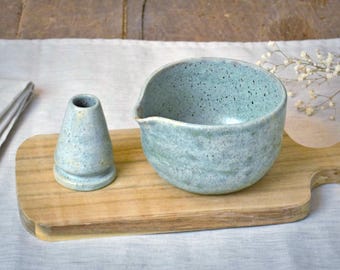 Speckled Stoneware Matcha Tea Set, Bowl with Spout, Whisk Holder, Bamboo Whisk, Tea Cup, Gift for Matcha Lovers, Tall Bowl, Birthday Gift