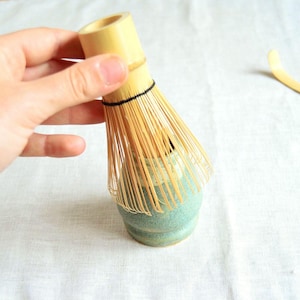Deep green matcha whisk holder with bamboo whisk handmade chasen stand ceramic tea accessories japanese tea ceremony gift