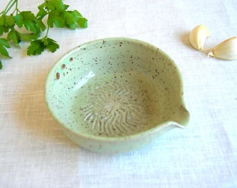 Ceramic garlic grater salad bowl and herb stripper in lime cream color
