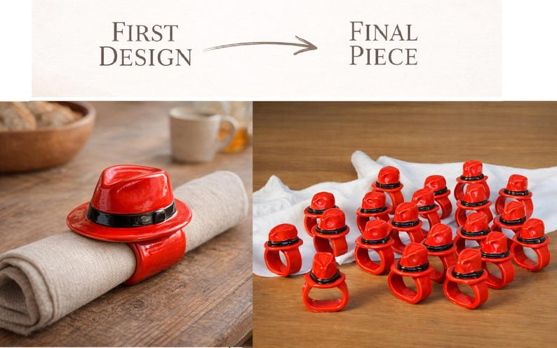 May include: Red ceramic napkin rings shaped like fedora hats with a black band. The image shows a single ring on a napkin and a group of rings. The text at the top says "First Design" and "Final Piece".