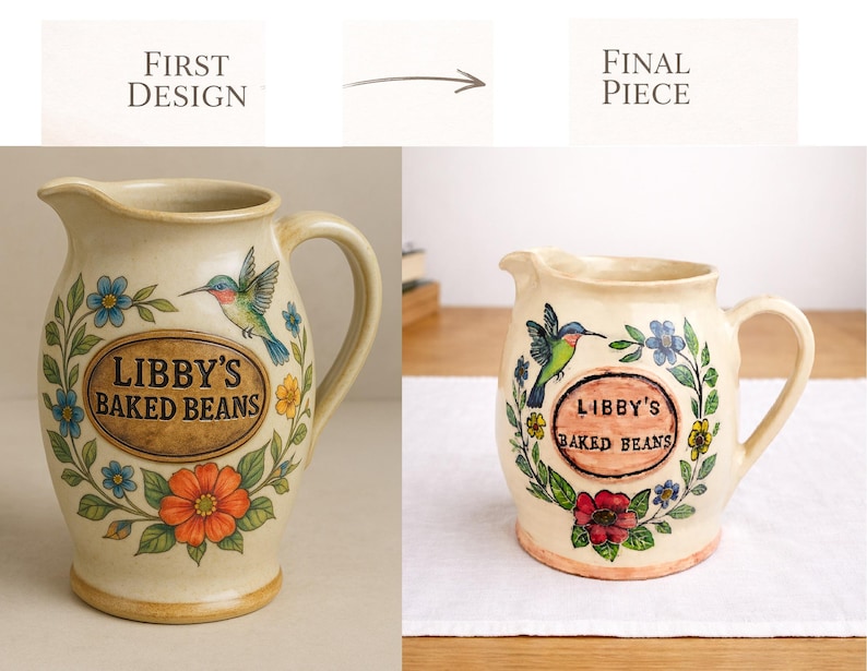 May include: Cream-coloured ceramic jug with a handle and spout, decorated with a floral and hummingbird design. The jug has the text "LIBBY'S BAKED BEANS" in an oval frame. The design includes blue, orange, and yellow flowers, and green leaves.