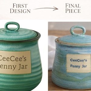 May include: Two ceramic jars with lids, one teal and one blue, labelled "CeeCee's Penny Jar." The jars have a rounded shape with a loop handle on the lid. The text "First Design" and "Final Piece" are above the jars.