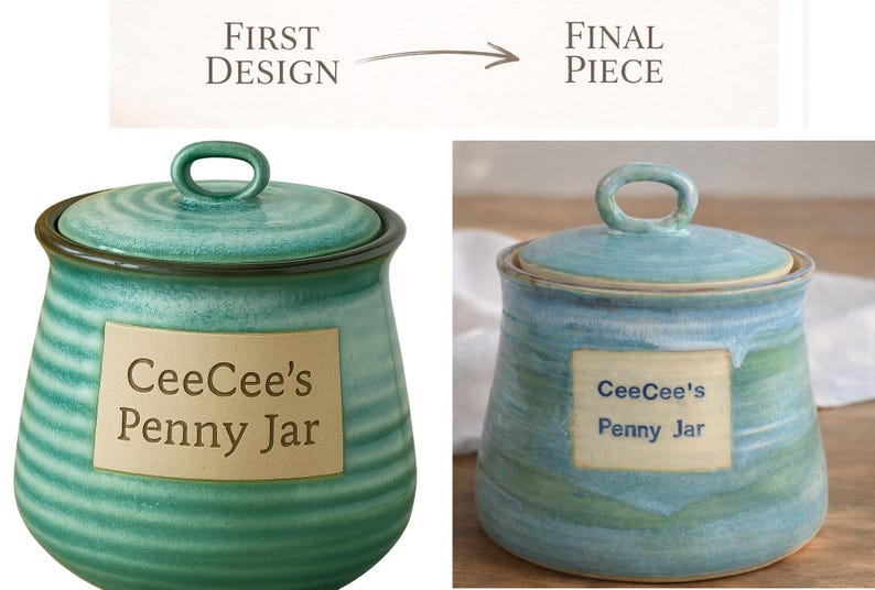 May include: Two ceramic jars with lids, one teal and one blue, labelled "CeeCee's Penny Jar." The jars have a rounded shape with a loop handle on the lid. The text "First Design" and "Final Piece" are above the jars.