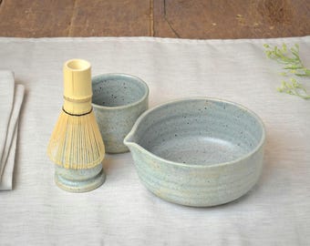Matcha Set with Chawan Bowl with Spout, Whisk Holder, Tea Cup, Ceremony Set, 19oz / 550 ml Big Bowl