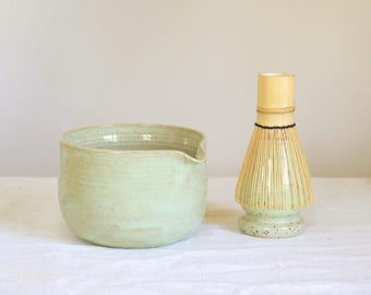 Ceramic matcha bowl with spout and matcha tools, gift for tea drinker and mindful minimalist, rustic matcha set for morning matcha rituals