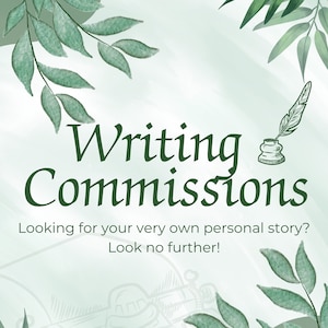 May include: A green and white graphic with the text "ELDwriting" and "Writing Commissions" with a green leafy border and a vintage typewriter illustration.
