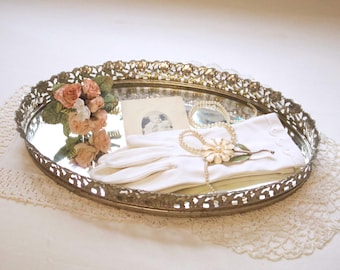 Vintage Oval Mirror Vanity Tray | Hollywood Regency Cottagecore Decor