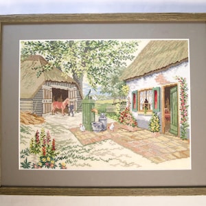 Vintage Framed Farmhouse Cross Stitch: Eva Rosenstand Needlework Art