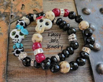 Stretch Beaded Gemstone Bracelet-Sugar Skull Beaded Stretch Bracelets-Halloween Stretch Bracelet-Stackable Gemstone Bracelet-Day of the Dead