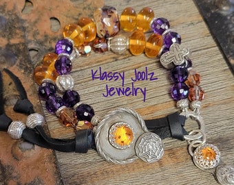 Gemstone Amythest and Sterling Silver Bracelet-Spiderweb Button and Charm-Halloween Bracelet-Boho Bracelet-Western Bracelet-Artisan Bracelet