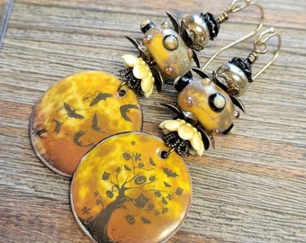 Enameled Halloween Charms-Glass Lampwork Artisan Beaded Earrings-Artisan Enamel Charm Earrings-Halloween Earrings-Bohemian Earrings-SRAJD