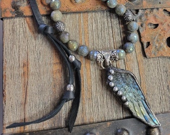 Labradorite Gemstone Beaded Necklace-Hand Carved Artisan Labradorite Wing Pendant-Boho Western Necklace-Artisan Labradorite Necklace-SRAJD