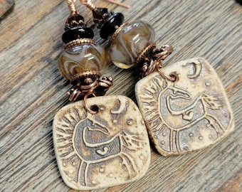 Ceramic Rustic Stoneware Horse Charm Beaded Earrings-Artisan Pony Earrings-Artisan Lampwork Earring-Artisan Ceramic Beads-Western Earrings