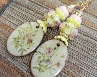 Enameled Floral Charms-Glass Floral Lampwork Beaded Earrings-Artisan Lampwork Beads-Artisan Enamel Charm Earrings-Floral-Boho Vibe-Earrings