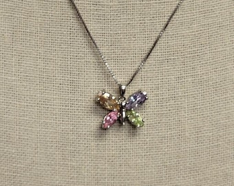 Sterling Silver Vintage CZ Butterfly Charm Pendant Necklace-Butterfly Pendant-Sterling Silver Pendant-Sterling Silver Necklace-CZ Necklace