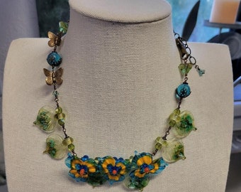 Vetro Murano floreale e foglie collana-artigiano Murano perline-lampwork fiore perline-gioielli artigianali-artigiano collana-perline d'arte - SRAJD