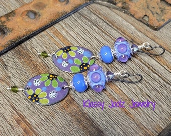 Enamel Floral Charms-Glass Raised Dot Lampwork Bead Earrings-Artisan Lampwork Beads-Artisan Floral Enamel Charm Earrings-Boho Vibe-Earrings