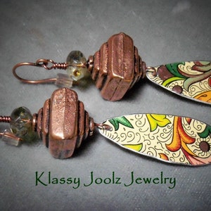 Copper Earrings-Vintage Tin Floral Earrings-Boho Earrings-Organic Artisan Earrings-Recycled-Upcycled Antique Tin Dangle Earrings-