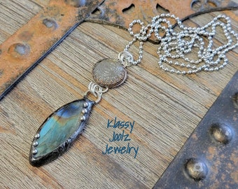 Labradorite Gemstone Necklace-Artisan Labradorite Pendant-Artisan Lampwork Pendant-Boho Western Necklace-Artisan Labradorite Necklace-SRAJD