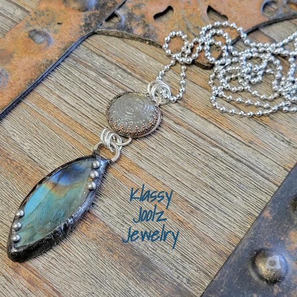 Labradorite Gemstone Necklace-Artisan Labradorite Pendant-Artisan Lampwork Pendant-Boho Western Necklace-Artisan Labradorite Necklace-SRAJD