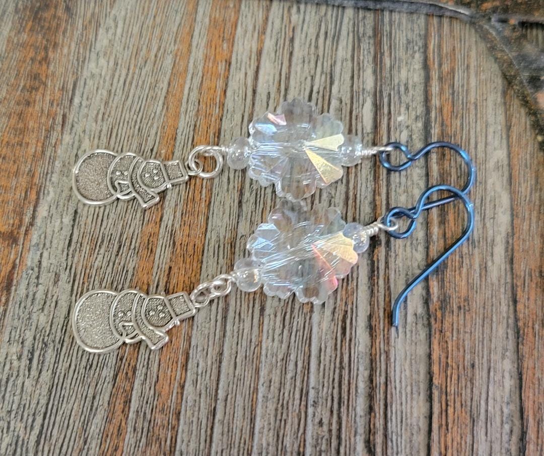 スノーフレークガラスクリスタルスノーマンイヤリング - スノーマン