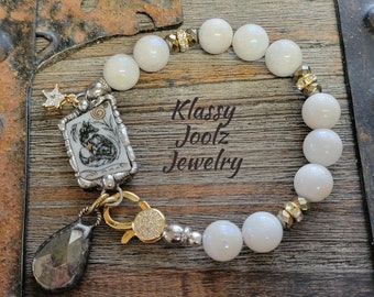 Porcelain Ceramic Fox Moonstone Bracelet-23K Gold Luster-Cuff Bracelet-Gemstone Wolf Bracelet-Cowgirl Bracelet-Gemstone Bracelet