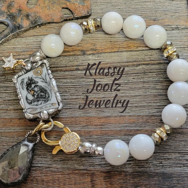 Porcelain Ceramic Fox Moonstone Bracelet-23K Gold Luster-Cuff Bracelet-Gemstone Wolf Bracelet-Cowgirl Bracelet-Gemstone Bracelet