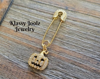 Safety Pin-Halloween CZ Pin-Safety Pin Jewelry-Safety Pin Brooch-18K Gold Plated Pin-Pumpkin CZ Crystal Safety Pin-Halloween Safety Pin