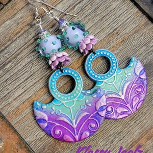 Lampwork Glass Earrings-Hand Painted Polymer Artisan Charms Earrings-Artisan Earrings-Artisan Lampwork Earrings-Floral Earrings-SRAJD
