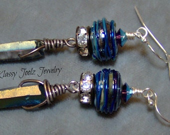 Gemstone and Lampwork Earrings-Artisan Earrings-Rainbow Blue Mystic Titanium Long Quartz Crystal Point Beads-Dangle Earrings-SRAJD
