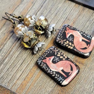 Ceramic Fox and Lampwork Earrings-Artisan Ceramics-Fox Earrings-Glass Lampwork Earrings-Organic Earrings-Artisan Lampwork Earrings-SRAJD