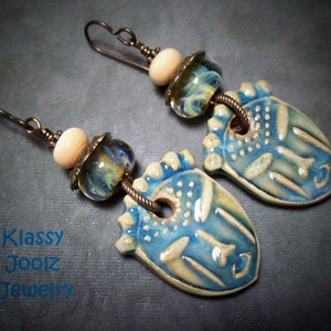 Ceramic Tribal Mask-Tiki-Polynesian Mask Earrings-Artisan Ceramics-Glass Lampwork Earrings-Organic Earrings-Artisan Lampwork Earrings-SRAJD