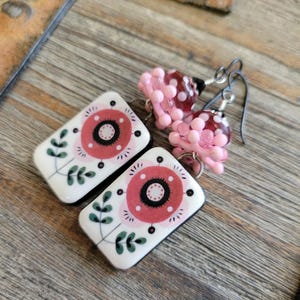 Ceramic Floral Earrings-Lampwork Floral Earrings-Artisan Ceramics-Flower Earrings-Glass Dotted Lampwork-Earrings-Artisan Lampwork Earrings