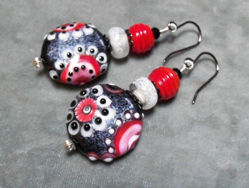 Glass Lampwork Drop Earrings-Artisan Lampwork Beads-Artisan Lampwork Earrings-Floral Glamor Earrings-Dangle Earrings-Dressy Earrings-SRAJD