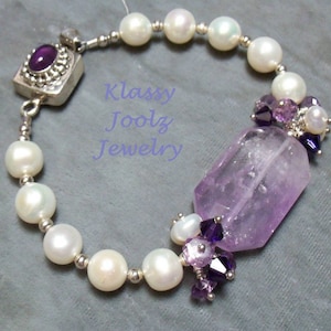 Amethyst Gemstone-Pearl Sterling Silver Bracelet-Gemstone Bracelet-Freshwater Pearl Bracelet-OOAK Bracelet-SRAJD-Artisan Bracelet