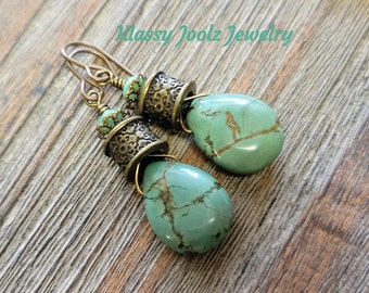 Turquoise Gemstone Beaded Earrings-Gemstone Earrings-Organic Artisan Earrings-Cowgirl Earrings-Brass Earrings-Turquoise Earrings-SRAJD