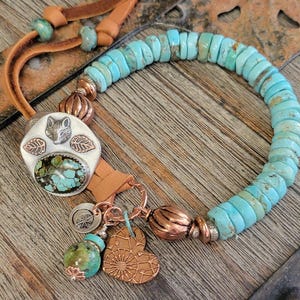 Gemstone Hubei Turquoise Bracelet-Hubei and Sterling Fox Button-Boho Bracelet-Turquoise Bracelet-Boho Western Bracelet-Artisan Bracelet