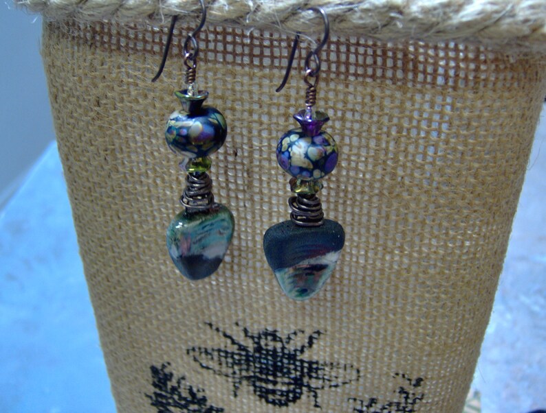 Ceramic Organic Raku Earrings-Raku-Lampwork Beaded Earrings-Artisan Earrings-Artisan Lampwork Dangle Earrings-SRAJD Artisan Ceramic Beads image 3