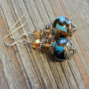 Lampwork Beaded Earrings-Artisan Lampwork Dangle Earrings-Sterling Silver Earrings-Artisan Lampwork Beads-SRAJD-Artisan Art Bead Earrings